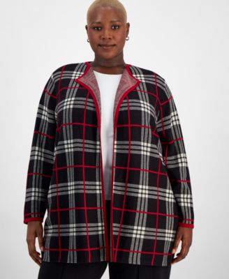 Kasper - Plus Size Open-Front Plaid Long-Sleeve Cardigan