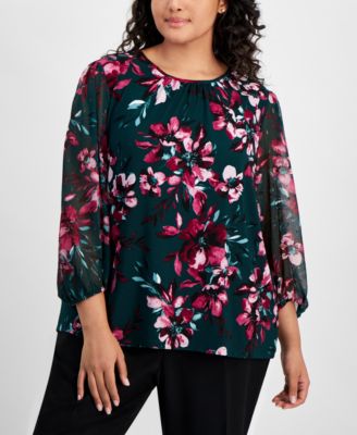 Kasper - Plus Size Floral Print Mixed-Media Top