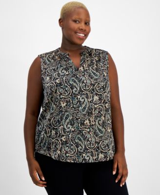 Kasper - Plus Size Printed Split-Neck Sleeveless Blouse