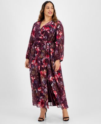 Robbie Bee - Plus Size Printed Surplice Wrap Maxi Dress