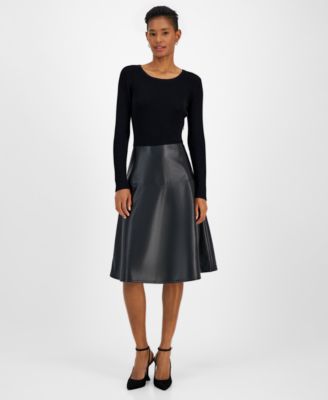 T Tahari - Women's Mixed-Media Faux-Leather Fit & Flare Dress