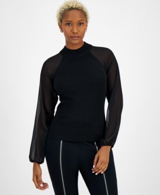 Bar III - Women's Mock-Neck Sheer-Raglan-Sleeve Top