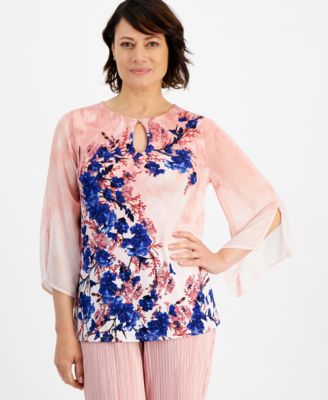 JM Collection - Women's Botanical Whisp Chiffon-Sleeve Top,