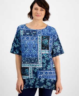 JM Collection - Women's Patchwork Print Dolman-Sleeve Top