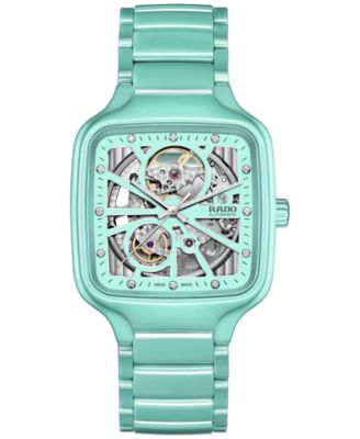 Rado - Unisex Swiss Automatic True Square Open Heart Diamond (1/20 ct. t.w.) Turquoise High Tech Ceramic Bracelet Watch 38mm