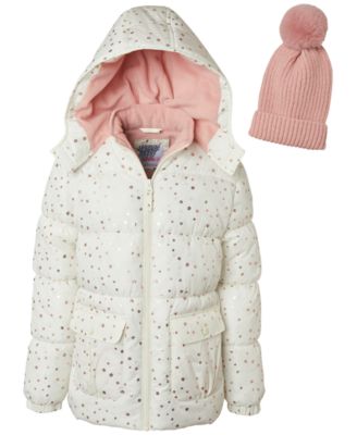 Kensie Girl - Big Girls Metallic Star-Print Fleece-Lined Hooded Puffer Jacket with Ribbed-Knit Pom-Pom Beanie