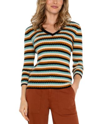 Liverpool Los Angeles - Women's Striped 3/4-Sleeve V-Neck Sweater
