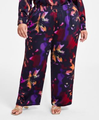 Nina Parker - Trendy Plus Size Tropical-Print Wide-Leg Pants