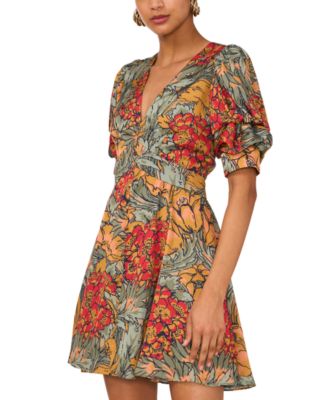 1.STATE - Women's Floral Print Puff-Sleeve Fit & Flare Mini Dress