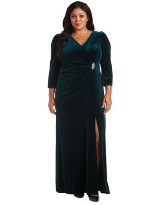R & M Richards - Plus Size Embellished Puff-Shoulder Velvet Gown