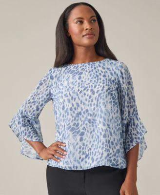 Kasper - Women's Animal-Print Ruffle-Sleeve Blouse