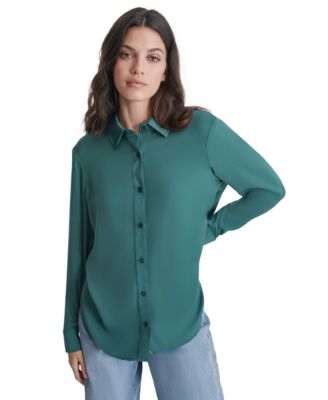 DKNY Jeans - Petite Buttoned-Cuff Fold-Collar Blouse