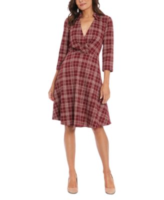 London Times - Women's Plaid Collared V-Neck 3/4-Sleeve Dress