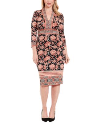 London Times - Women's Printed V-Neck 3/4-Sleeve Sheath Dress