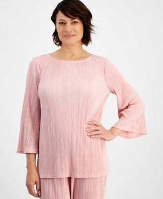 JM Collection - Women's Boat-Neck 3/4-Sleeve Pliss&eacute; Top