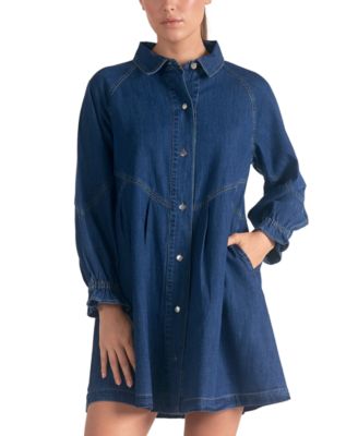 Elan - Women's Cotton Button-Down Denim Long-Sleeve Dress