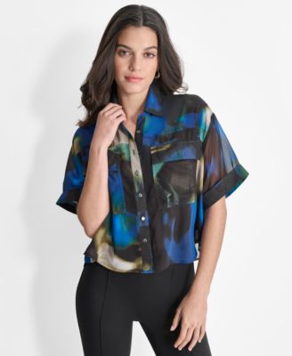 DKNY - Women's Printed Short-Sleeve Button-Front Blouse