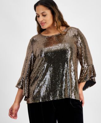 Kasper - Plus Size Mirror-Dot Metallic Bell-Sleeve Top