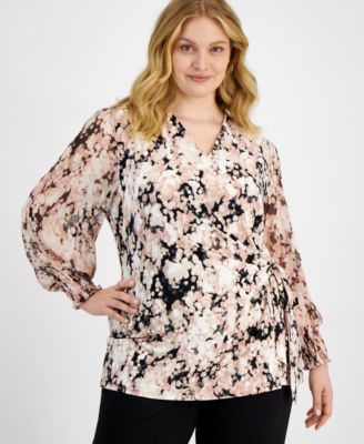 Anne Klein - Plus Size Printed V-Neck Side-Tie Top