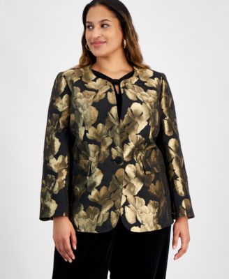 Kasper - Plus Size Metallic Jacquard Collarless Jacket