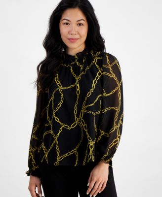 AK Anne Klein - Petite Ruffle-Neck Chain-Print Blouse