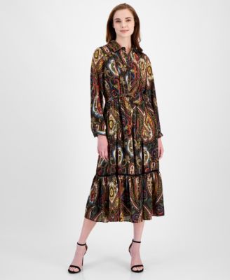 T Tahari - Women's Paisley-Print  Half-Placket Tiered Maxi Dress