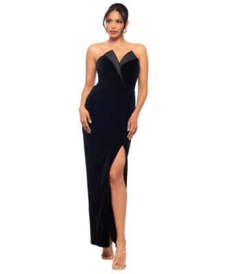 Betsy & Adam - Petite Strapless Front-Slit Velvet Gown