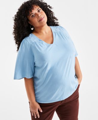 Style & Co - Plus Size Lace-Trim Flutter-Sleeve Top