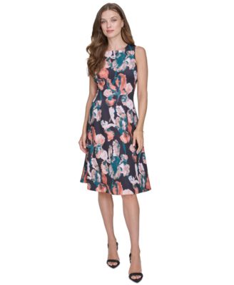 Halston - Women's Printed Round-Neck Sleeveless Fit & Flare Dress
