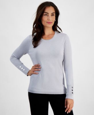JM Collection - Petite Lurex Metallic Crewneck Button-Cuff Sweater
