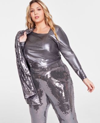 I.N.C. International Concepts - Plus Size Asymmetrical-Neck Metallic Foil Top
