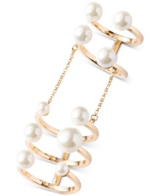 Emily in Paris - Gold-Tone Imitation Pearl Multi Band & Chain Cuff Ring