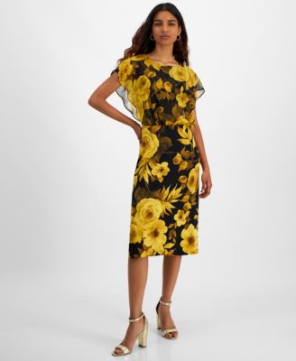 Connected - Petite Printed Round-Neck Overlay Midi Dress