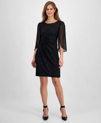 Connected - Petite Round-Neck Cape-Sleeve Shimmer Dress