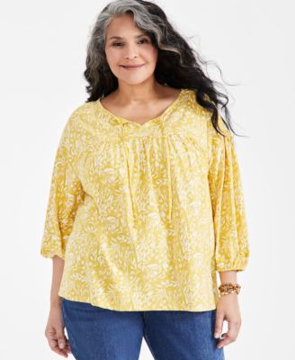 Style & Co - Plus Size Cotton Floral-Print Split-Neck 3/4-Sleeve Top