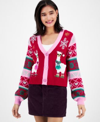 Hooked Up by IOT - Juniors' Llama Button Front V-Neck Cardigan