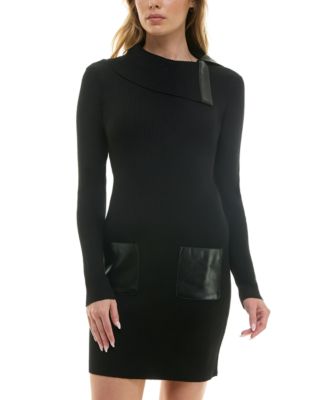 BCX - Juniors' Faux-Leather Long-Sleeve Sweater Dress