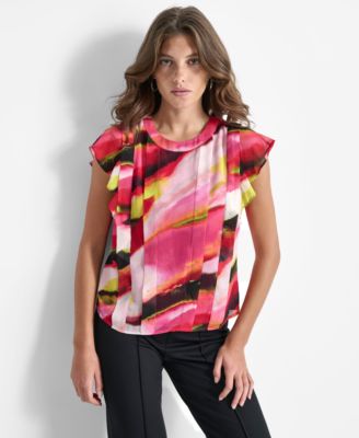 DKNY - Women's Textured Pleated Flutter-Sleeve Top