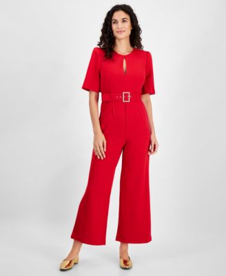 Tahari - Petite Belted Wide-Leg Puffed-Shoulder Jumpsuit