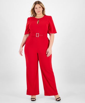 Tahari - Plus Size Belted Wide-Leg Puffed-Shoulder Jumpsuit