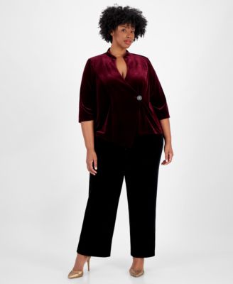 Alex Evenings - Plus Size Velvet Beaded-Button 3/4-Sleeve Top