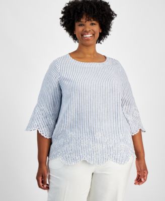 Charter Club - Plus Size Linen 3/4-Sleeve Striped Top