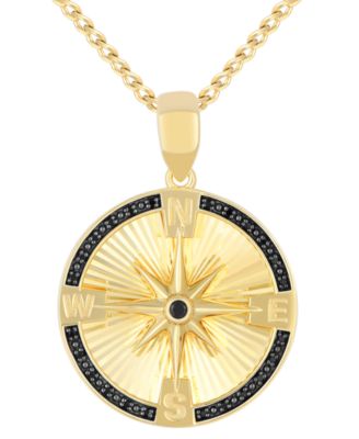 Macy's - Men's Black Diamond Star Compass Medallion 22" Pendant Necklace (1/8 ct. t.w.) in 14k Gold-Plated Sterling Silver