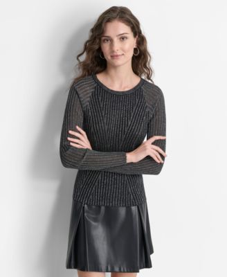DKNY - Women's Crewneck Rib-Knit Long-Sleeve Shimmer Sweater