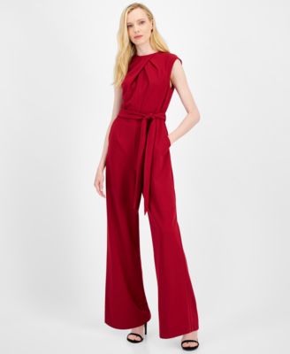 Tahari - Petite Pleated-Neck Tie-Belt Jumpsuit