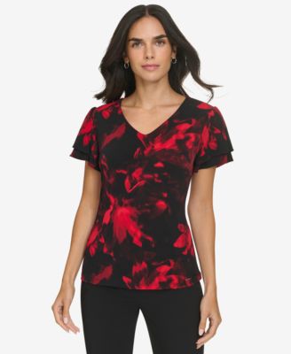 Calvin Klein - Petite Printed V-Neck Flutter-Sleeve Top