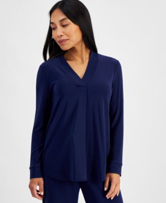 AK Anne Klein - Petite Solid Long-Sleeve V-Neck Top