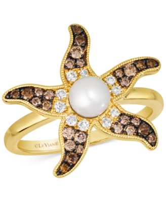 Le Vian - Freshwater Pearl (5-1/2 ct. t.w.) & Chocolate Ombr&eacute; Diamond (1/3 ct. t.w.) Starfish Ring in 14k Gold