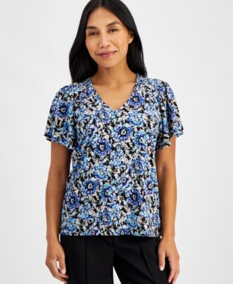 AK Anne Klein - Petite Floral-Print Raglan-Sleeve Top
