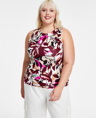 Bar III - Trendy Plus Size Printed Sleeveless Jersey Crewneck Top